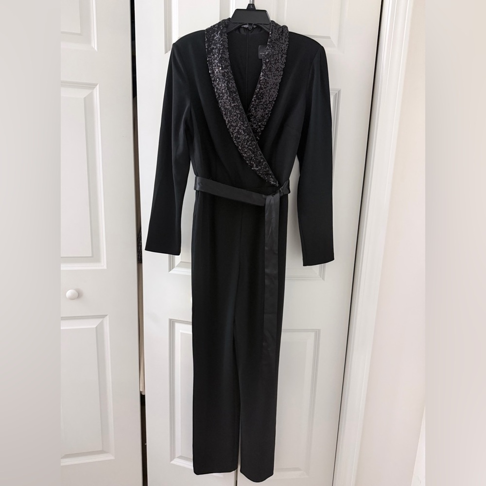 Adrianna Papell Black Sequin-Trim Long Sleeve Jumpsuit